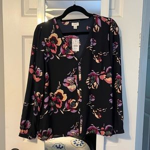 J. Crew long-sleeve navy floral blouse with pink, purple and white. Never worn!